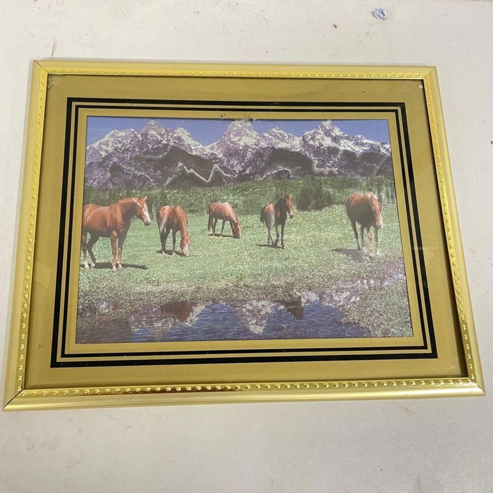 VTG Print Reflective Foil Type Mountains Horses Gold Framed Hanging Decor HLBN